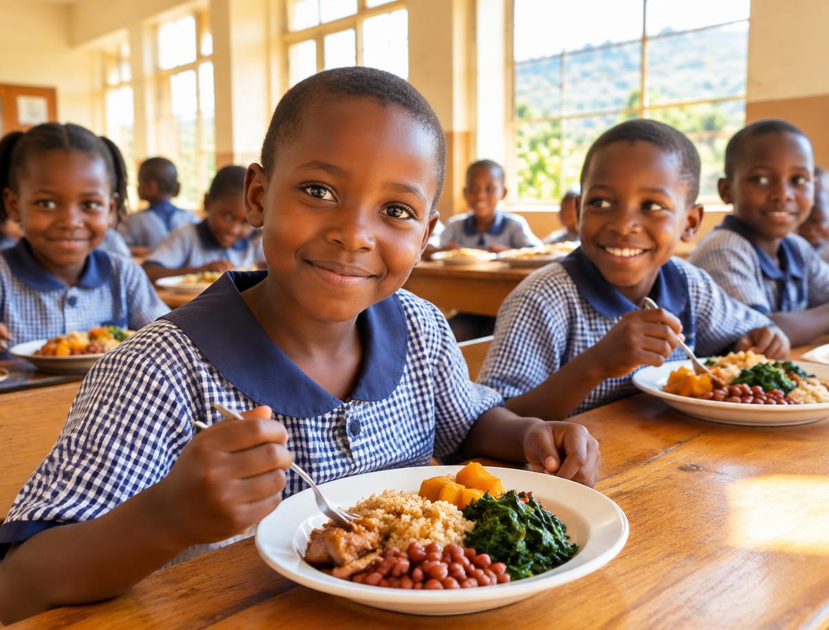Rwandan school children sharing nutritious lunches